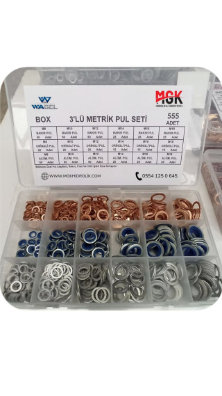 WABEL 3’lü Metrik Pul Seti – 555 Adet (Bakır, Alüminyum, O-Ringli)