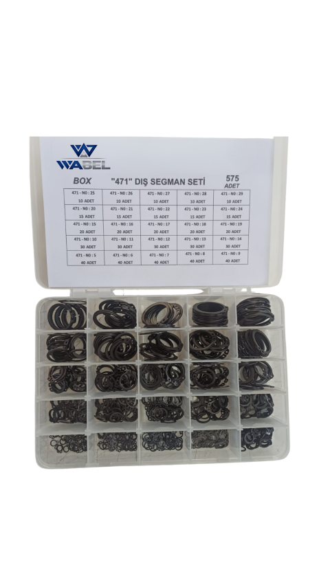 WABEL 471 Dış Segman Seti – 575 Parça DIN 471 Çelik Segman Kutusu WABEL 471 Dış Segman Seti – 575 Parça DIN 471 Çelik Segman Kutusu